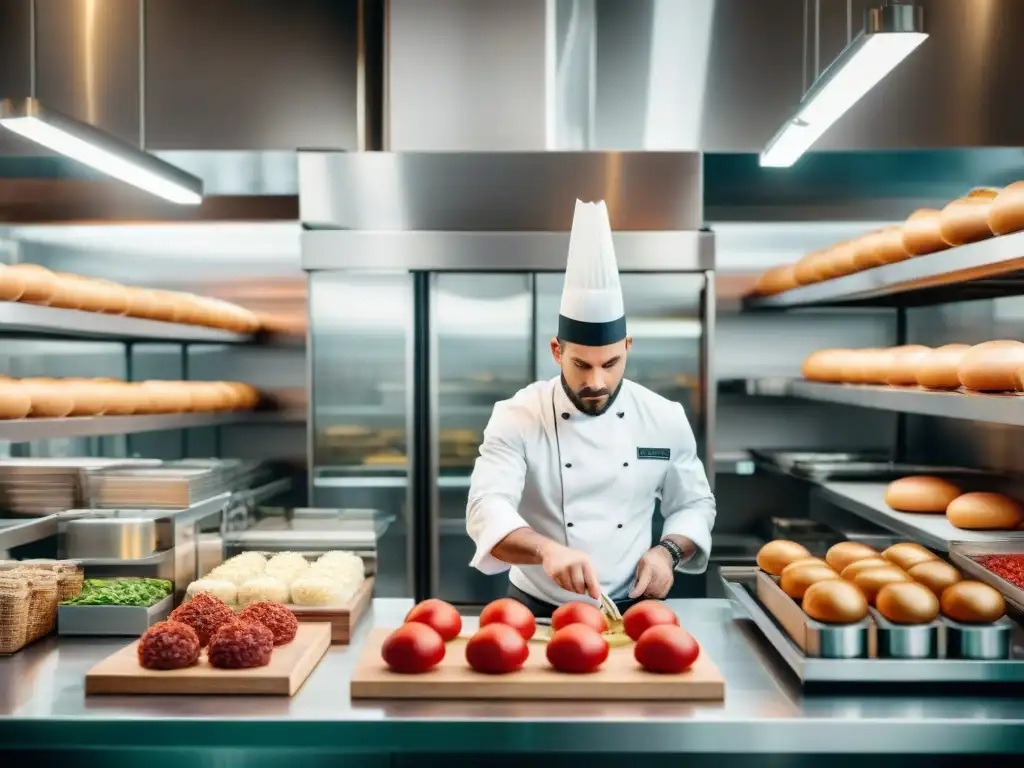 Un chef hábil elaborando hamburguesas gourmet estilo italiano en una bulliciosa cocina italiana