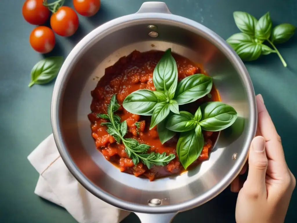 Un chef esparciendo hierbas y especias sobre una salsa de tomate, resaltando la cocina italiana