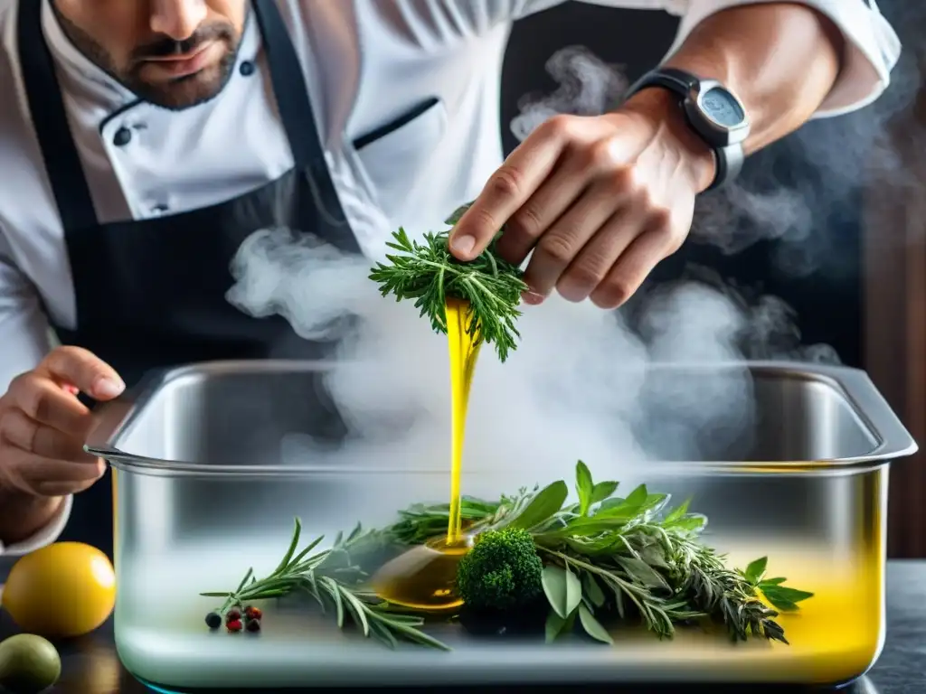 Chef sumergiendo hierbas italianas frescas en aceite de oliva en baño sous vide, fusionando técnicas de cocina italiana sousvide con precisión moderna