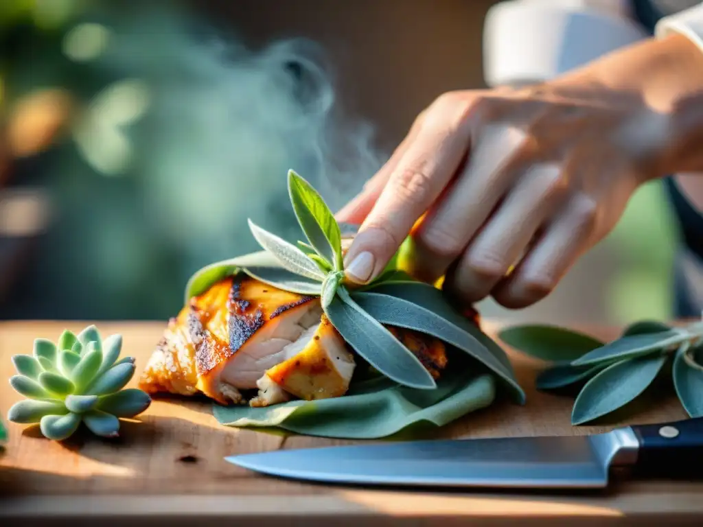 Un chef envuelve una hoja de salvia fresca alrededor de un jugoso trozo de pollo, mostrando la preparación de recetas con salvia para cocina italiana