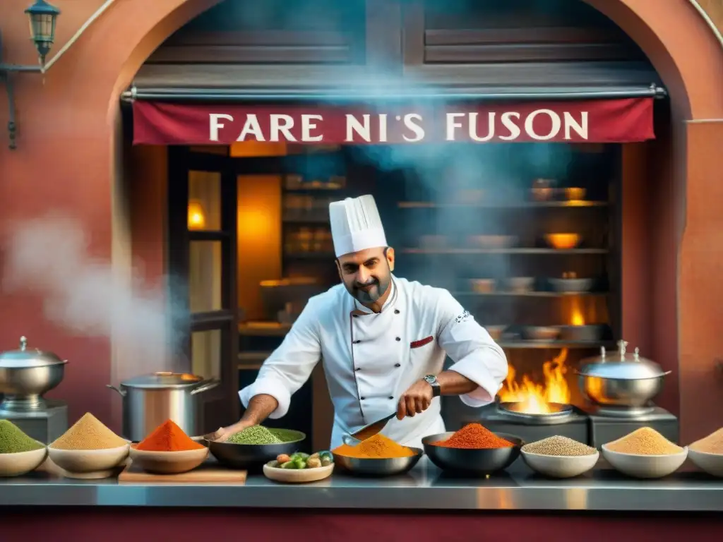 Un chef indio auténtico mezcla especias en una sartén, fusionando la cocina india en Italia