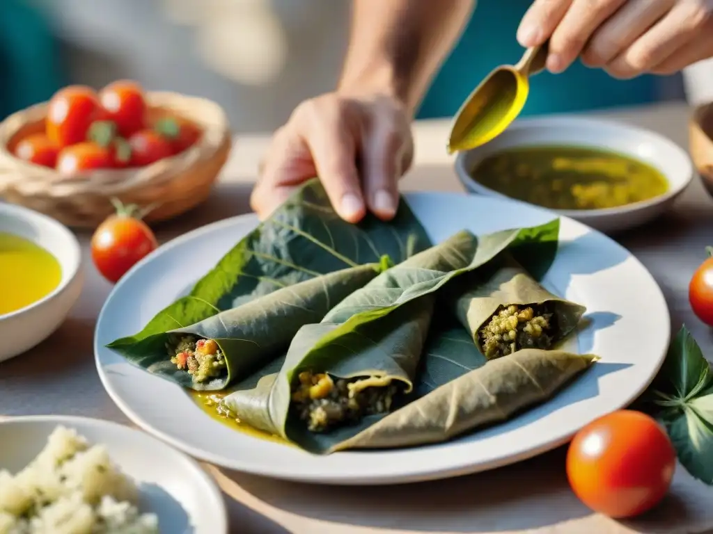 Chef preparando influencia griega en cocina italiana con dolmades en cocina tradicional