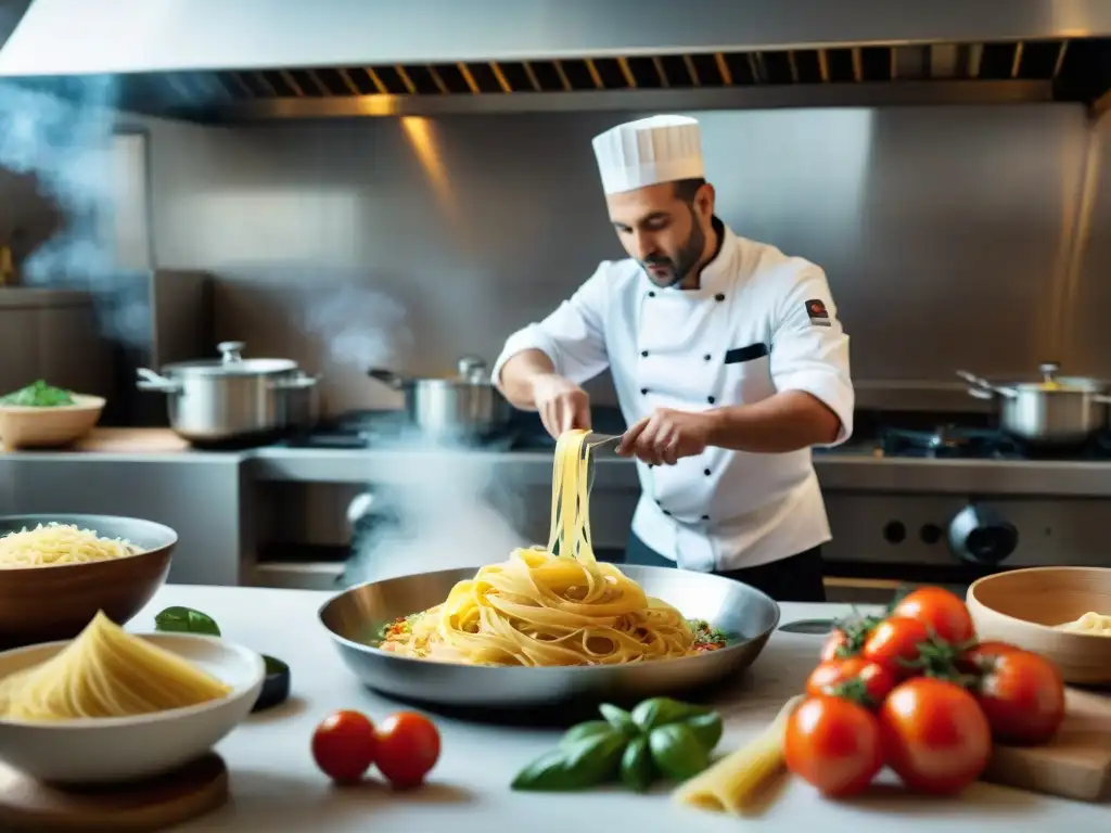 Chef mezclando influencias extranjeras en cocina italiana, creando un ambiente bullicioso y colorido