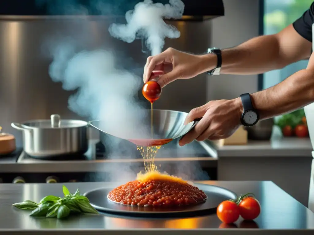 Un chef sazona ingredientes en cocina italiana con máquina sous vide, fusionando técnicas culinarias en cocción a baja temperatura Italia