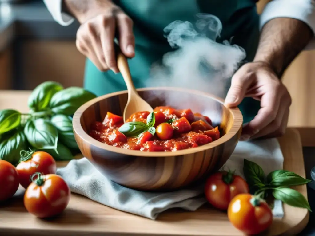 Un chef mezcla ingredientes frescos para crear una vibrante salsa de tomate italiana