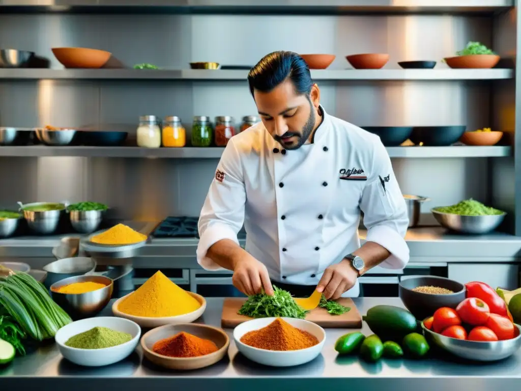 Un chef fusiona ingredientes mexicanos con toque italiano en una cocina vibrante preparando Tacos al estilo Roma