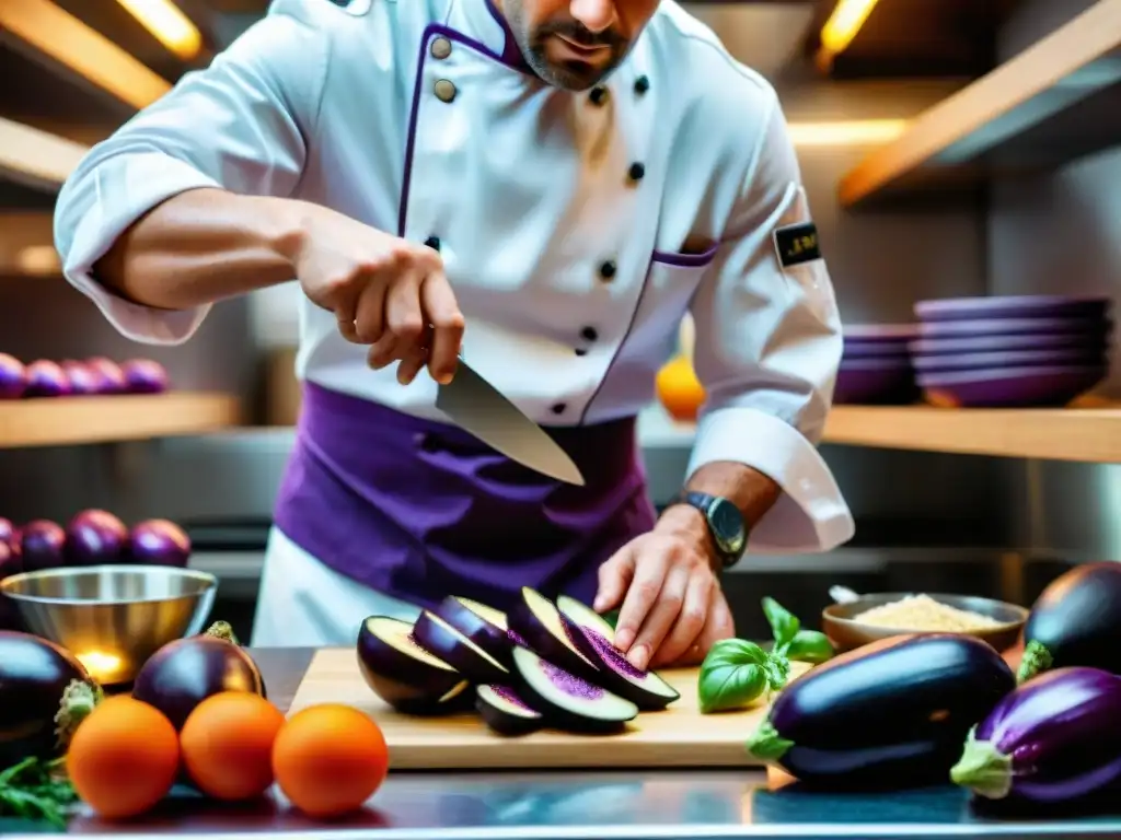 Un chef innovador cortando una berenjena morada en una cocina italiana bulliciosa, demostrando la magia de los ingredientes subestimados