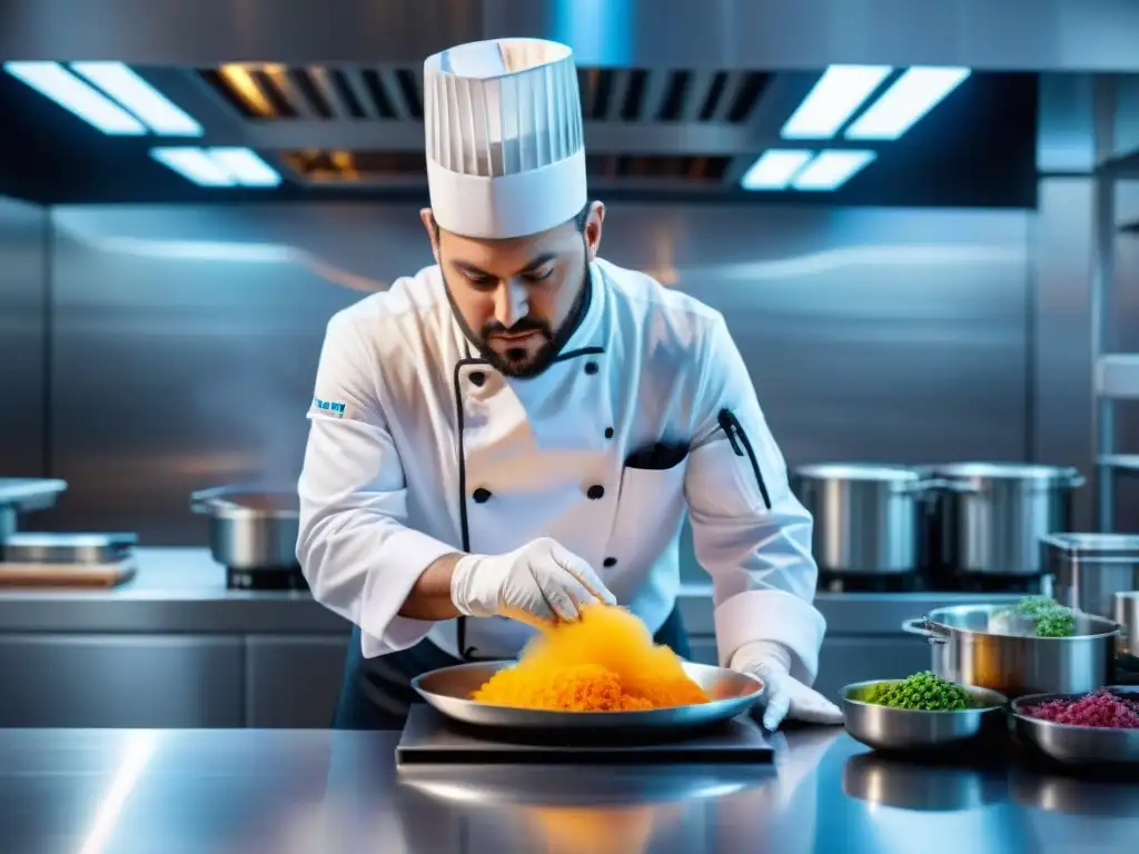 Un chef innovador en cocina italiana con técnicas moleculares creando platos asombrosos en un laboratorio culinario de alta tecnología