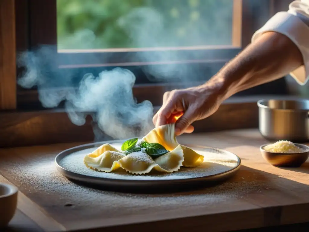 Un chef innovador preparando un ravioli a mano, con destreza y pasión en una cocina rústica