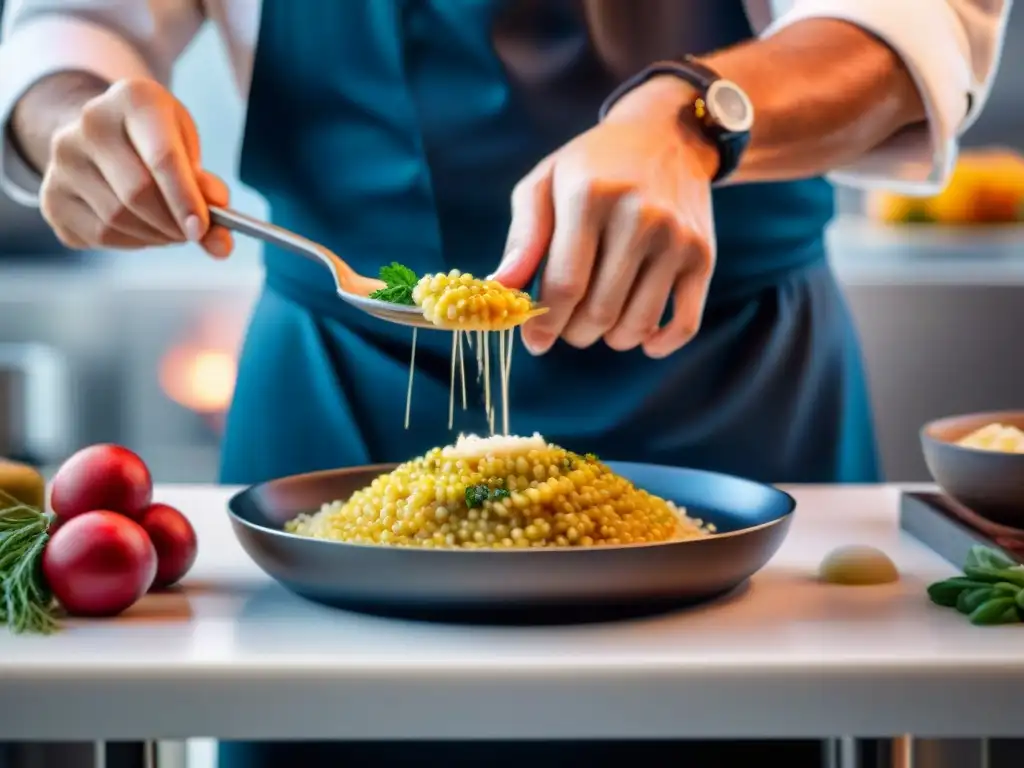 Un chef innovador preparando un risotto moderno entre equipos de cocina futuristas, reflejando innovaciones en recetas de risotto