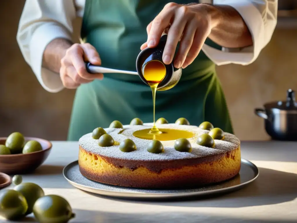 Un chef italiano repostería con aceite oliva premium, fusionando sabores en una cocina tradicional