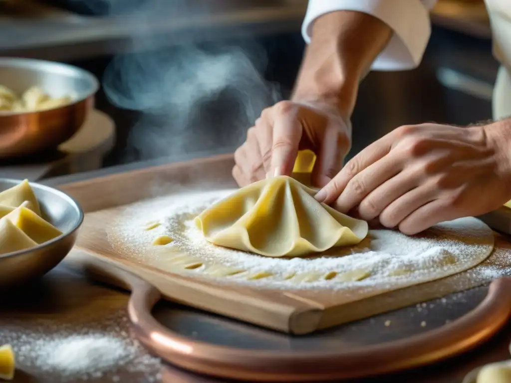 Con maestría, un chef italiano crea agnolotti a mano, evocando la cocina italiana platos tradicionales tendencias