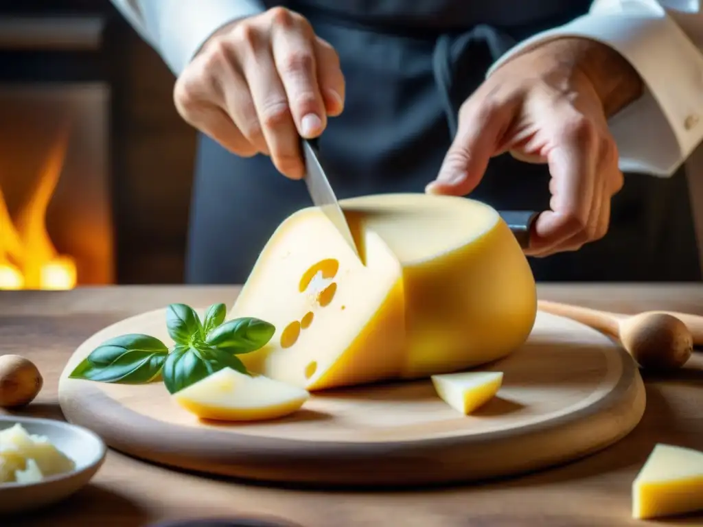 Un chef italiano cortando Scamorza ahumada en una cocina rústica, resaltando su textura y color