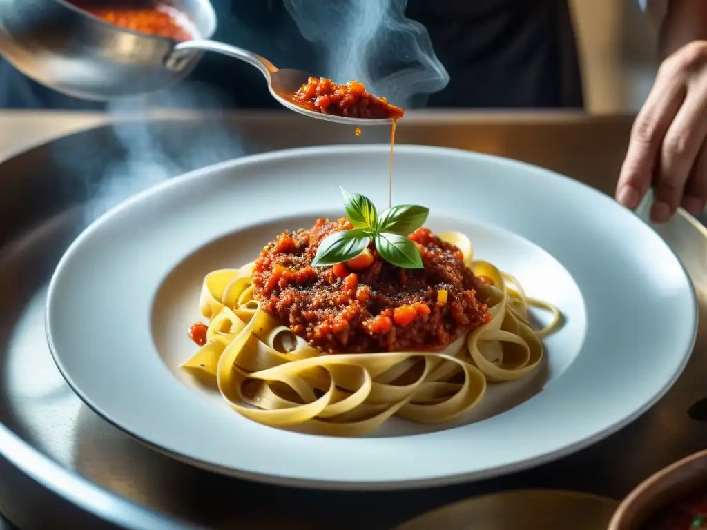 Un chef italiano esparciendo ajedrea en un plato de pasta casera con salsa de tomate