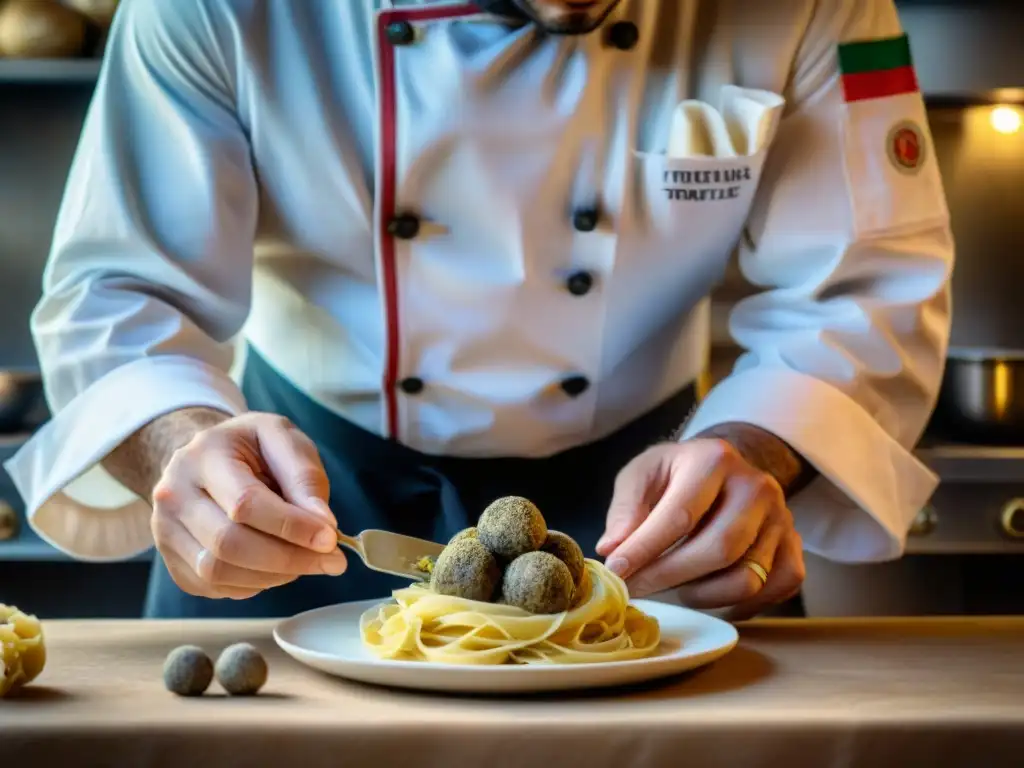 Un chef italiano en Alba, la capital de las trufas, rallando una trufa blanca sobre pasta fresca