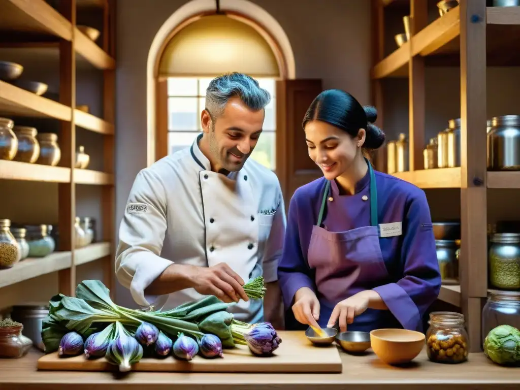 Chef italiano maneja un alcachofa morada en cocina tradicional con ingredientes olvidados