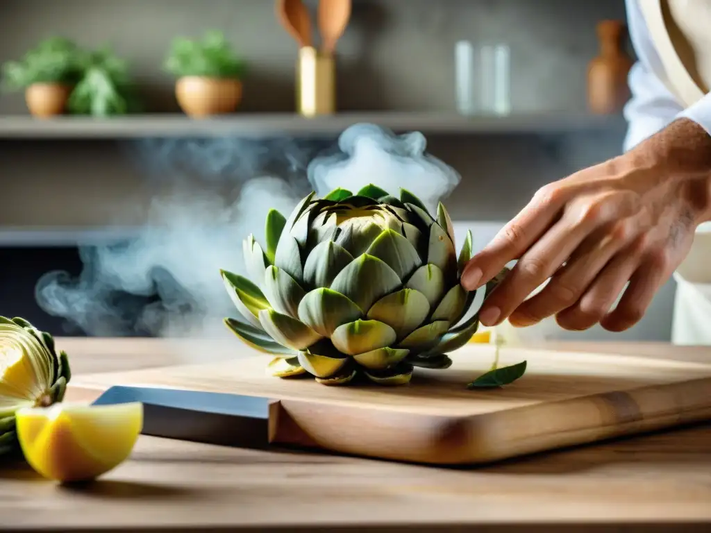 Un chef italiano preparando alcachofas en la fiesta de la cocina italiana