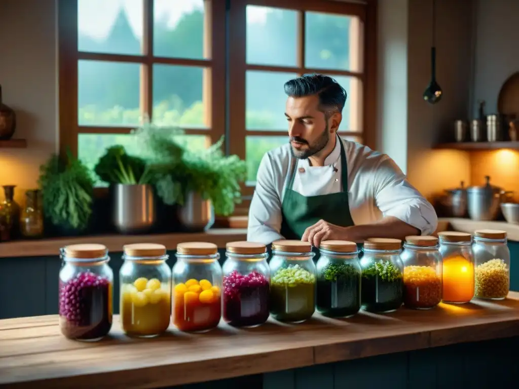 Un chef italiano prepara alimentos fermentados en una cocina rústica