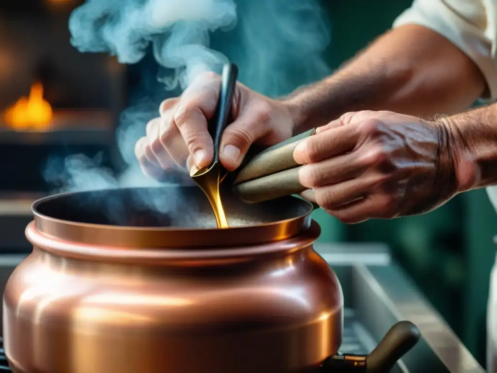 Un chef italiano cuida con amor un antiguo cazo de cobre, resplandeciendo en la cocina soleada