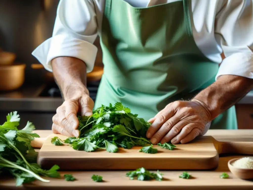 Un chef italiano anciano cortando cilantro fresco en una cocina rústica italiana