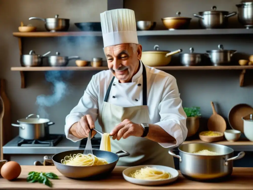 Un chef italiano anciano en una cocina rústica, preparando Fettuccine Alfredo con una sonrisa de concentración y alegría