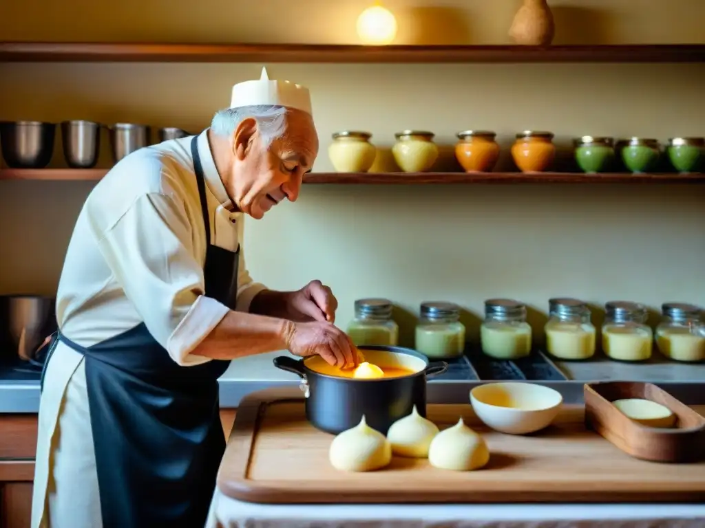 Un chef italiano anciano prepara Panna Cotta en una cocina tradicional, rodeado de utensilios antiguos y libros de cocina vintage