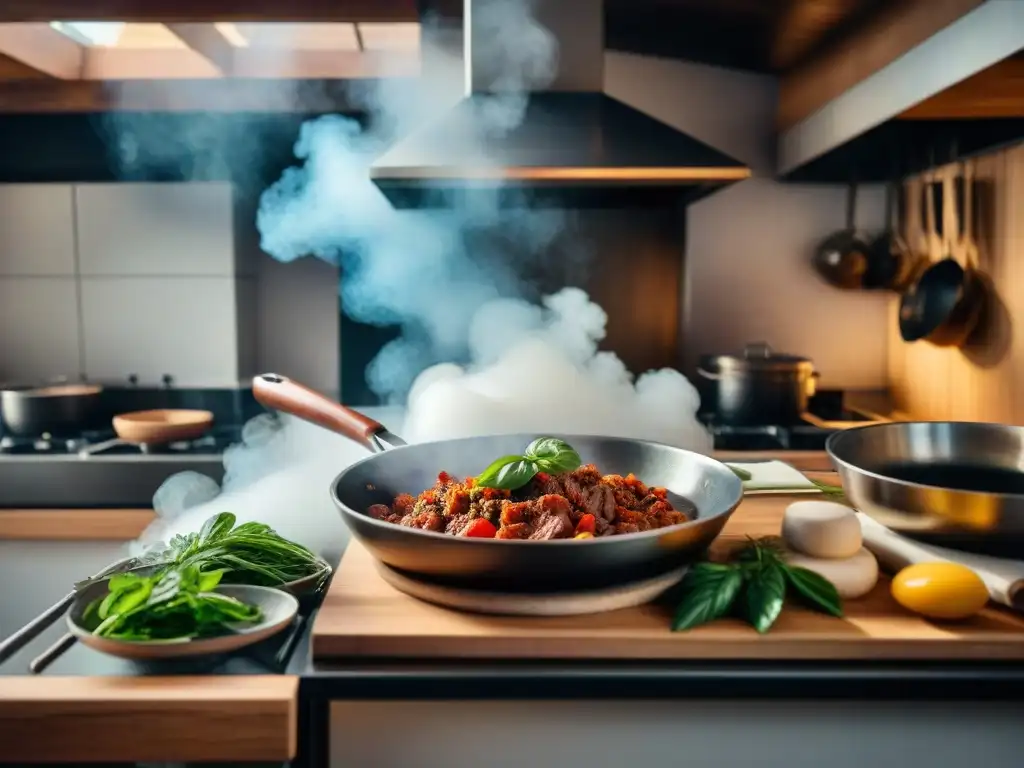 Un chef italiano con años de experiencia prepara un platillo clásico en una cocina rústica con carnes éticas