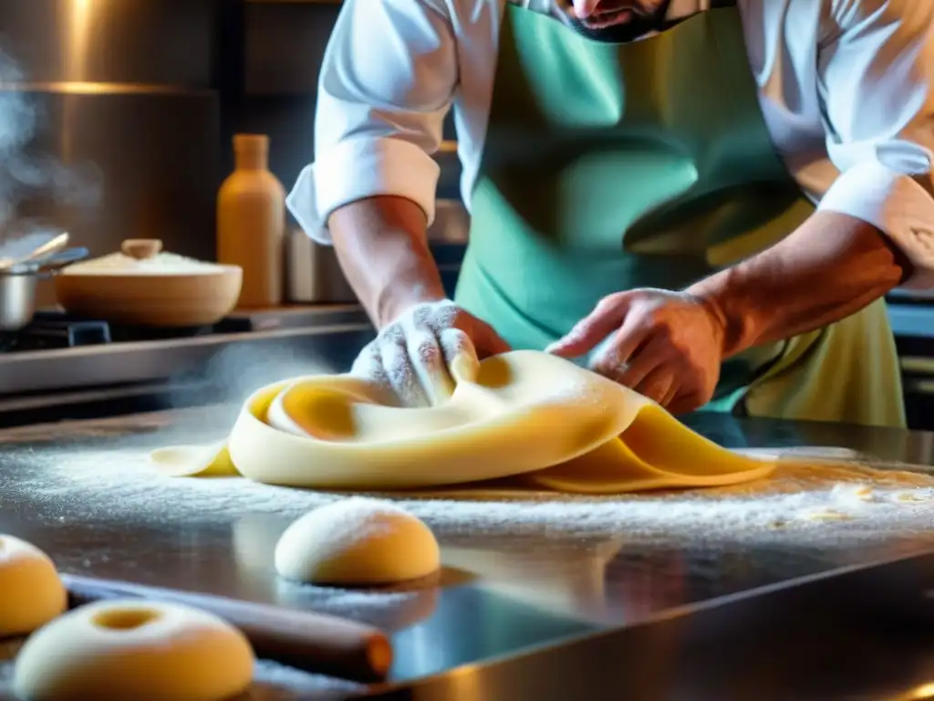 Un chef italiano apasionado en su cocina, creando pasta fresca con ingredientes locales