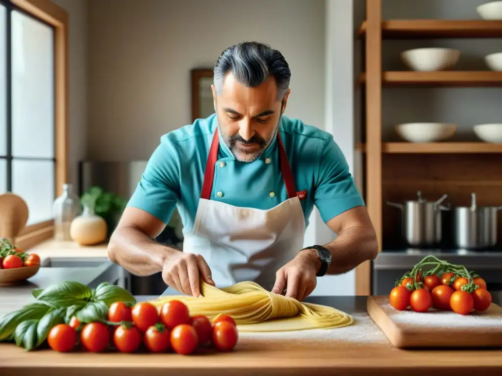 Un chef italiano apasionado prepara pasta casera en su bulliciosa cocina, rodeado de ingredientes vibrantes