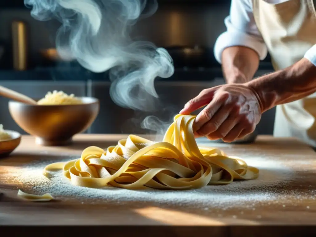 Un chef italiano apasionado preparando pasta fresca en una cocina rústica y soleada, mostrando destreza y maestría culinaria