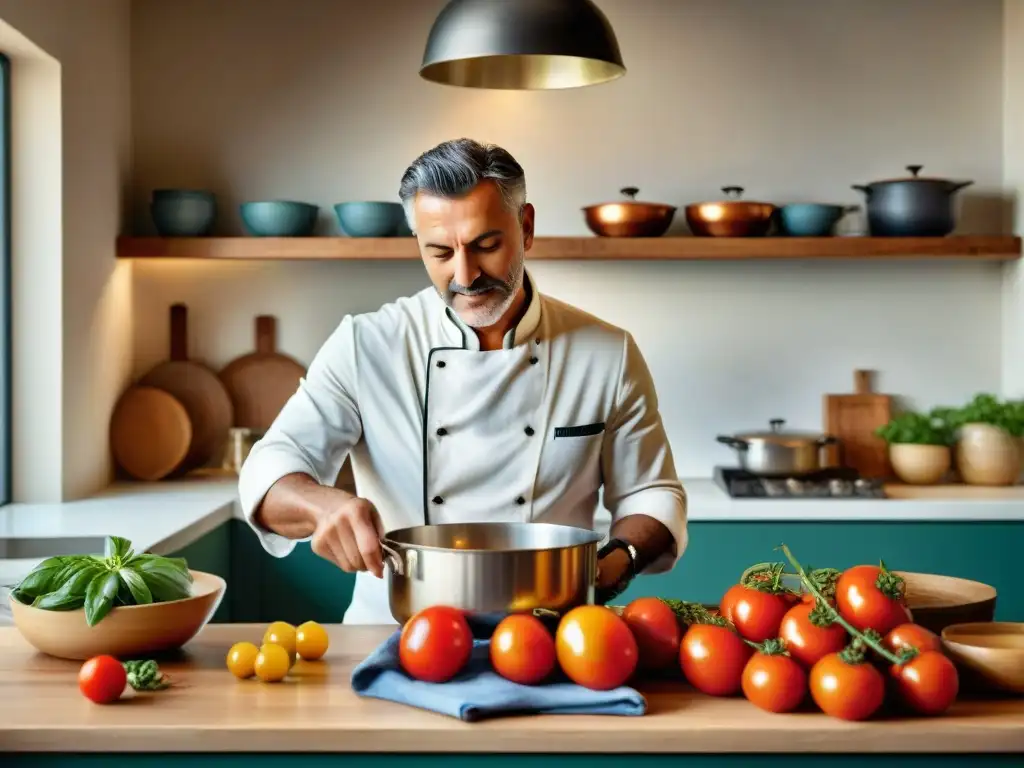 Un chef italiano apasionado remueve salsa de tomate en una cocina rústica, rodeado de ingredientes frescos