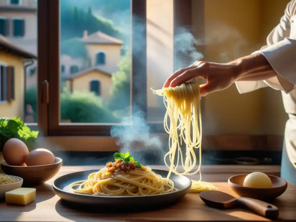 Chef italiano preparando la auténtica Carbonara con maestría en una cocina romana, secretos de la auténtica Carbonara