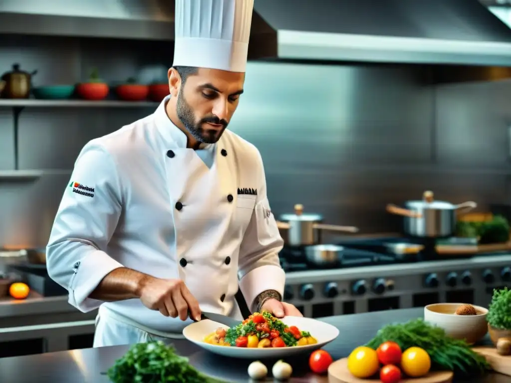 Un chef italiano auténtico creando plato innovador con pasión en cocina moderna