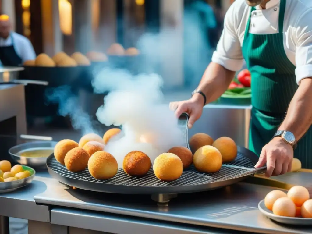 Un chef italiano elabora Bomba di riso Emilia Romaña en una concurrida calle de Italia, entre cafés y restaurantes encantadores