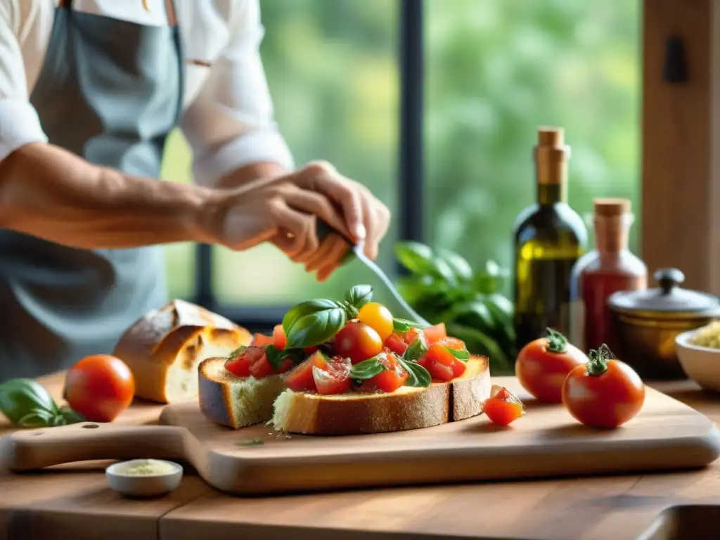 Un chef italiano preparando bruschetta con tomate y hierbas frescas