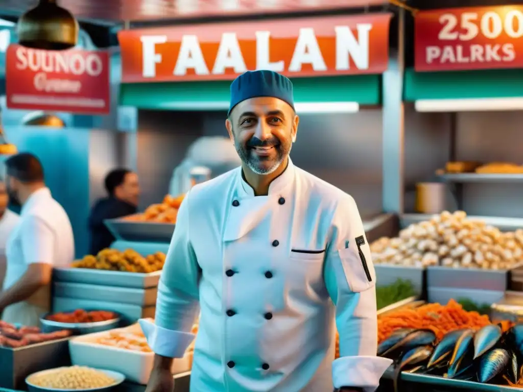 Un chef italiano en un bullicioso mercado de mariscos, rodeado de mariscos frescos y conversando con pescadores locales