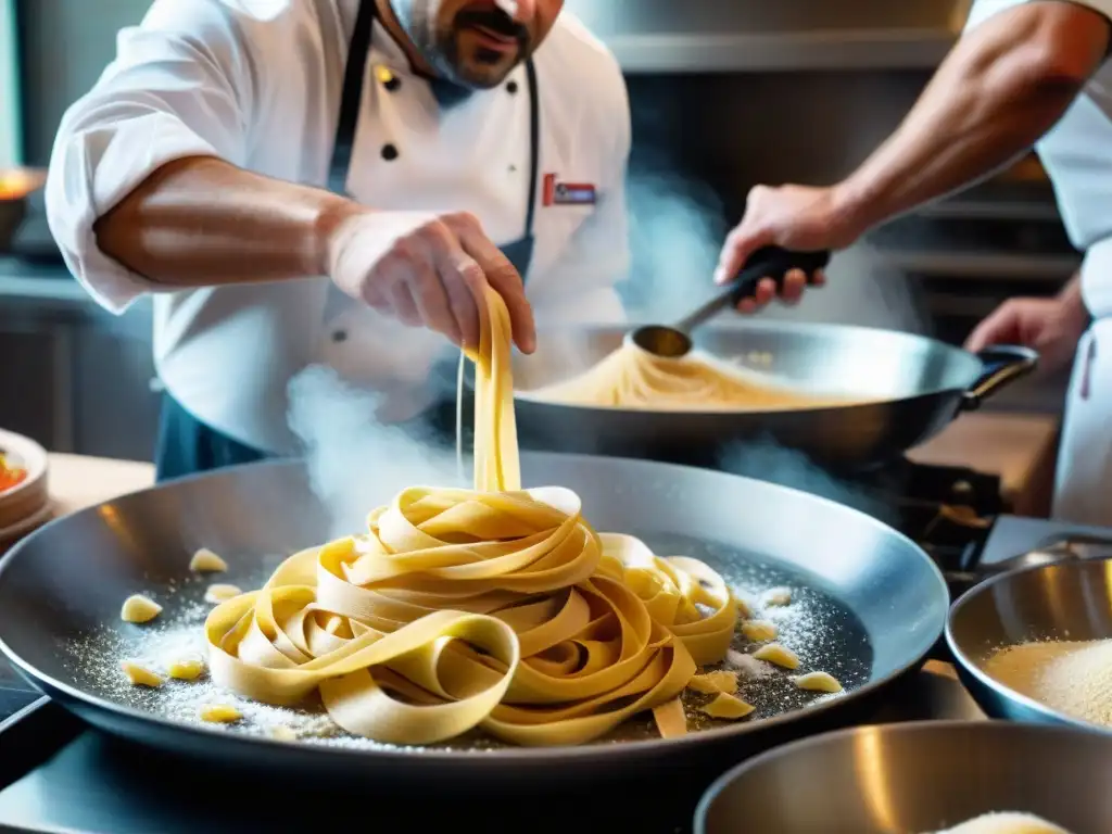 Un chef italiano hábil en una cocina abierta, creando pasta fresca con destreza rodeado de ingredientes vibrantes