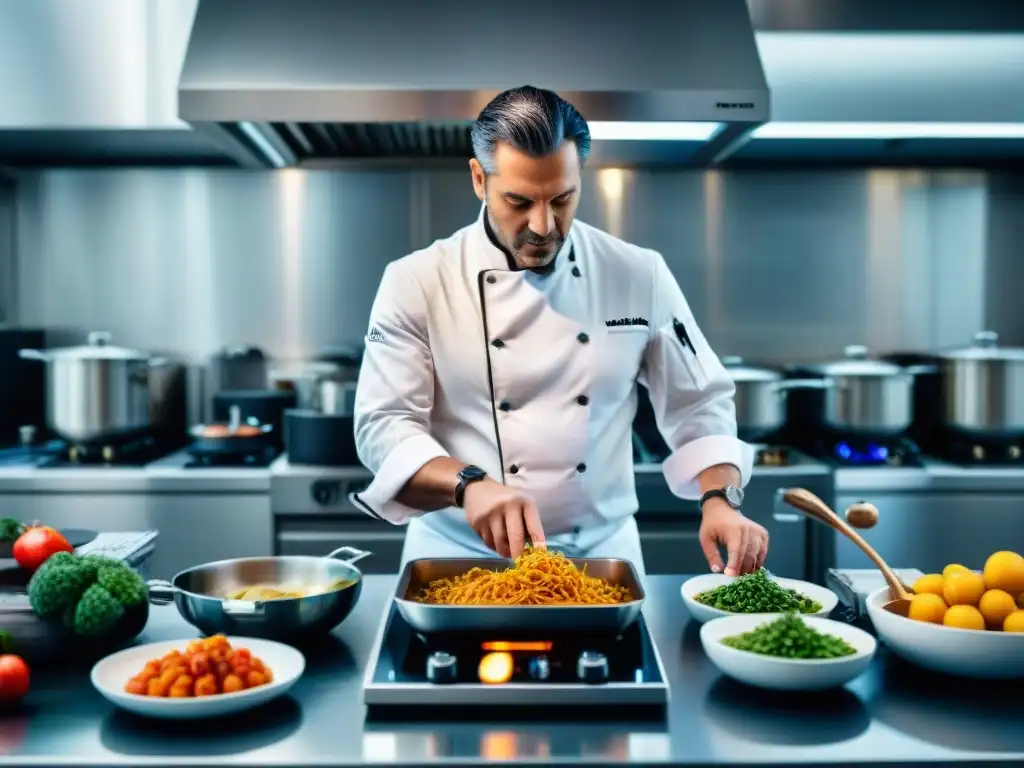 Chef italiano fusionando tradición y modernidad en la cocina Un chef italiano en una cocina moderna, fusionando tradición y modernidad