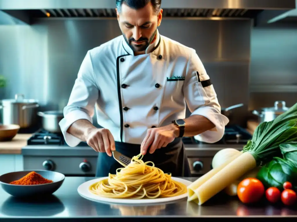 Un chef italiano en una cocina moderna, preparando hábilmente platos de pasta tradicionales con un toque contemporáneo