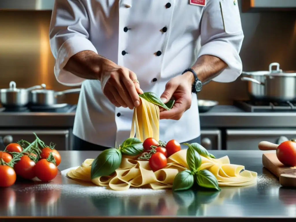 Un chef italiano hábil en una cocina moderna, creando platos que fusionan raíces antiguas con técnicas contemporáneas