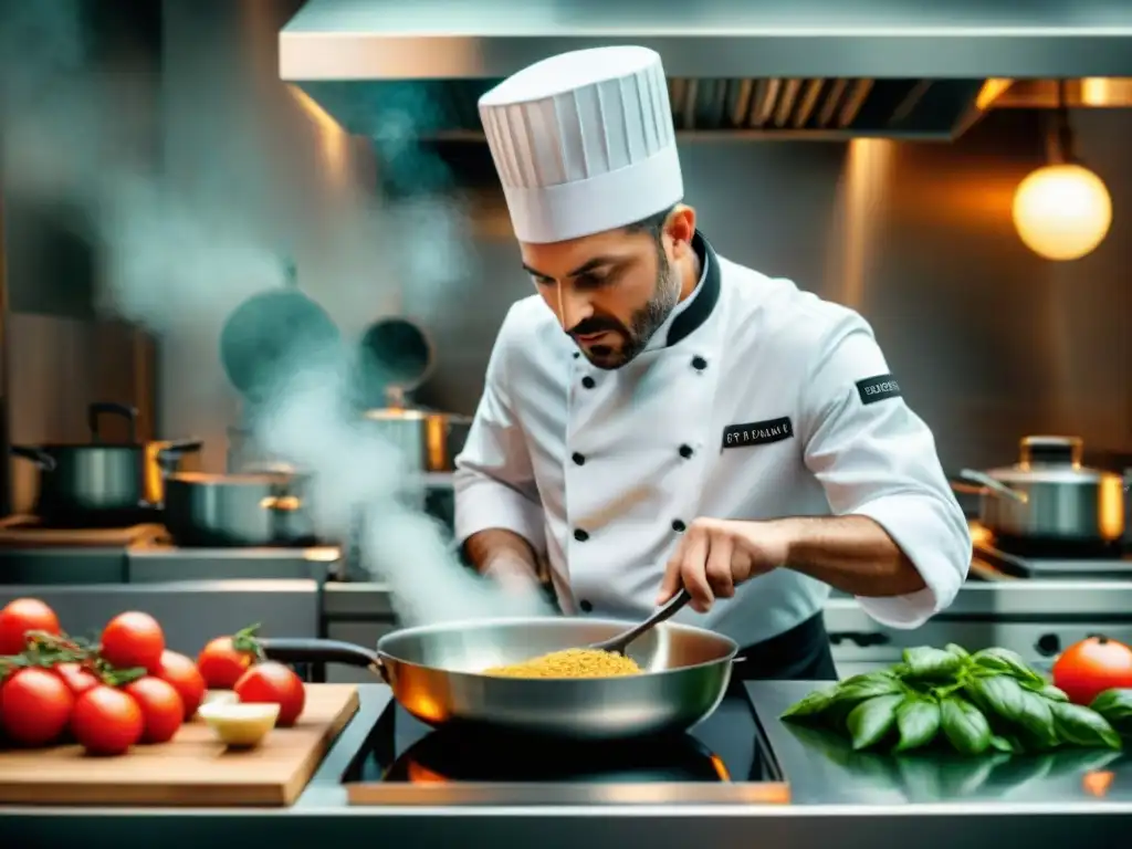 Chef italiano en cocina moderna equilibra tradición e innovación con maestría