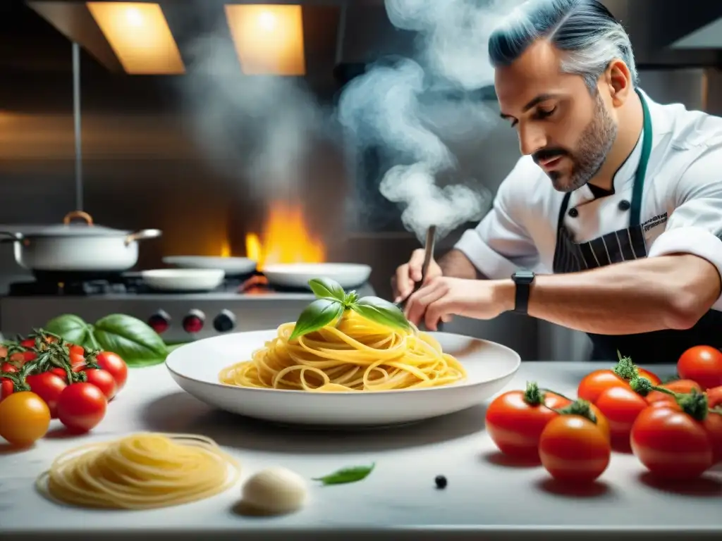 Un chef italiano redefiniendo la cocina, moldeando pasta con maestría en un estudio moderno