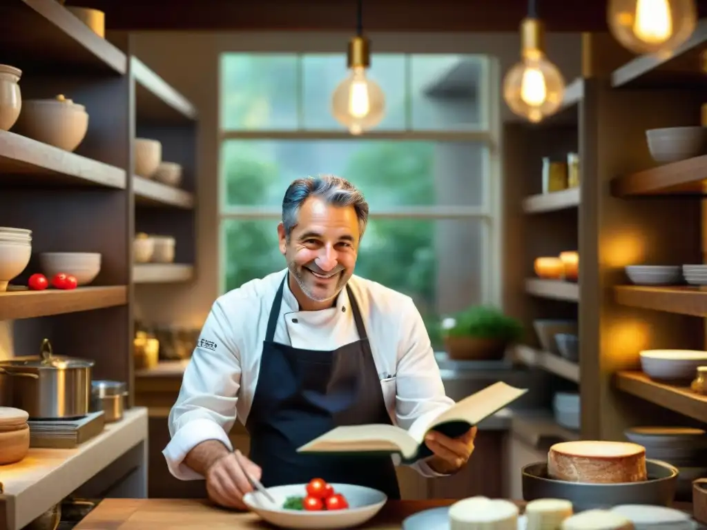 Un chef italiano en su cocina, rodeado de libros de recetas italianas, descubre una nueva inspiración culinaria