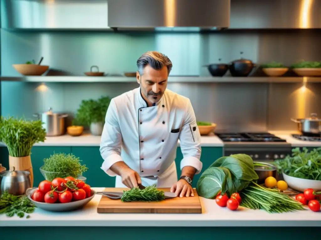Chef italiano: fusión de tradición y vanguardia en cocina Un chef italiano crea con innovación en la cocina rodeado de gadgets y ingredientes tradicionales