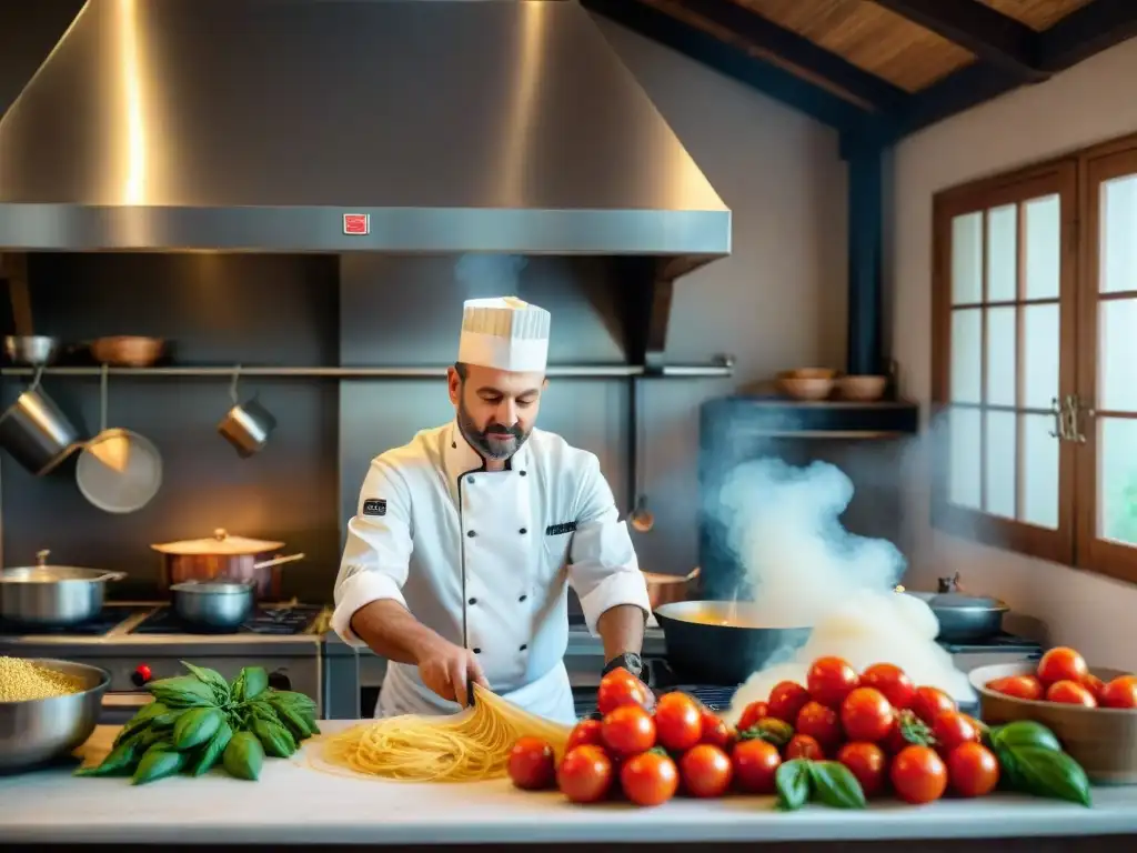 Chef italiano en cocina rústica, preparando pasta a mano entre productos frescos