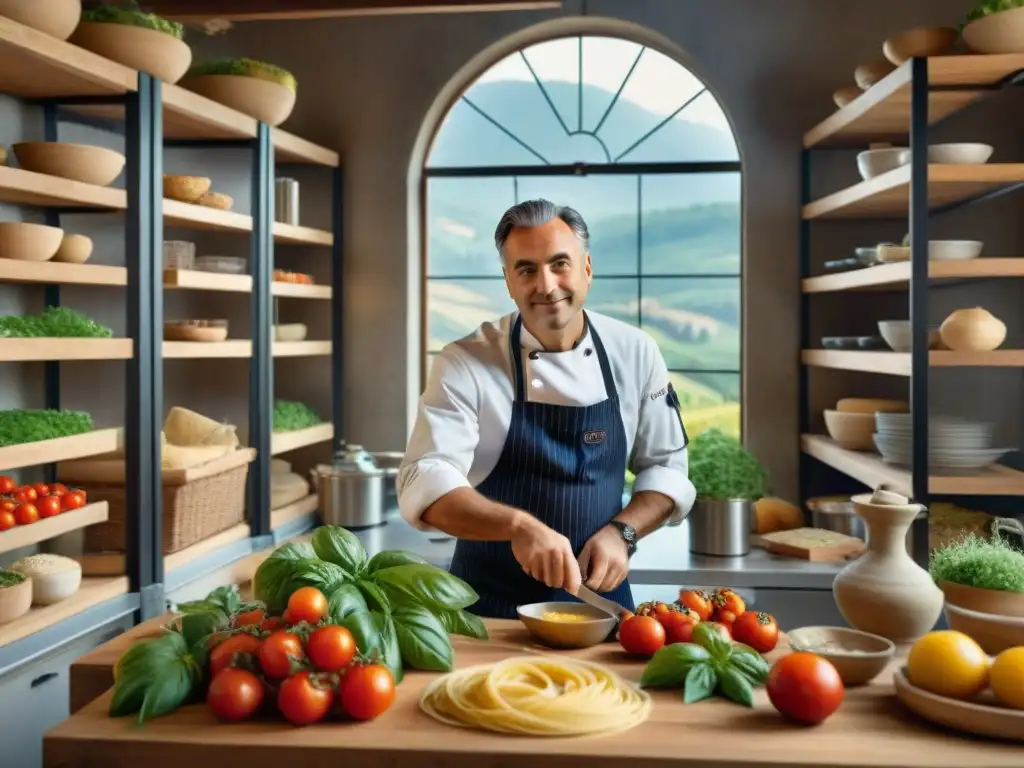 Un chef italiano en una cocina rústica preparando con pasión ingredientes sostenibles de la cocina italiana