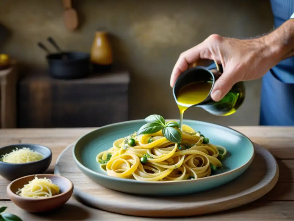 Un chef italiano en una cocina rústica en el campo de Italia central, expertamente rociando aceite de oliva sobre pasta primavera