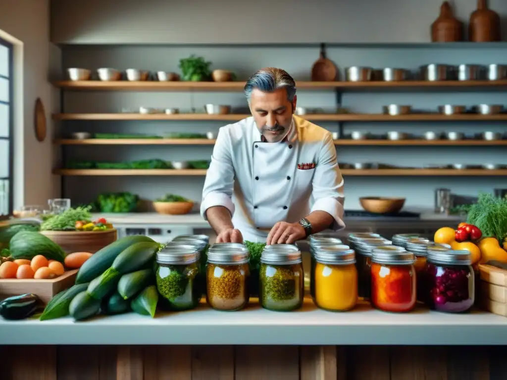 Un chef italiano en una cocina sostenible, rodeado de ingredientes frescos y coloridos, preparando un plato tradicional