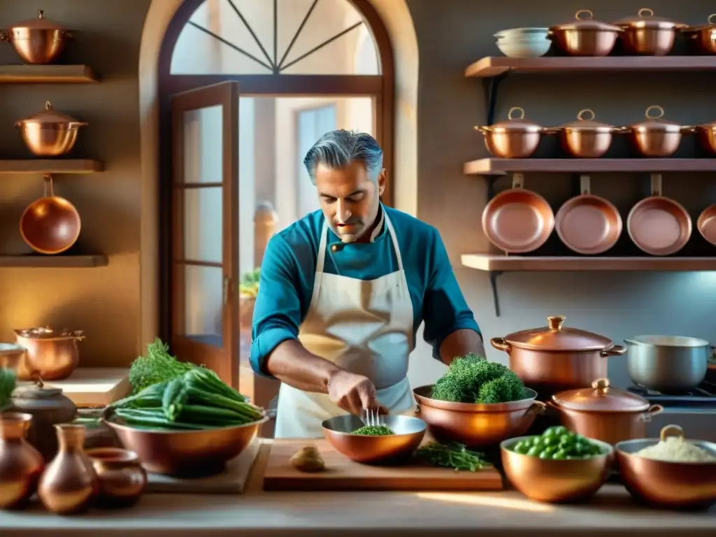 Un chef italiano en su cocina toscana tradicional rodeado de libros de recetas italianas chefs, preparando con pasión un platillo clásico