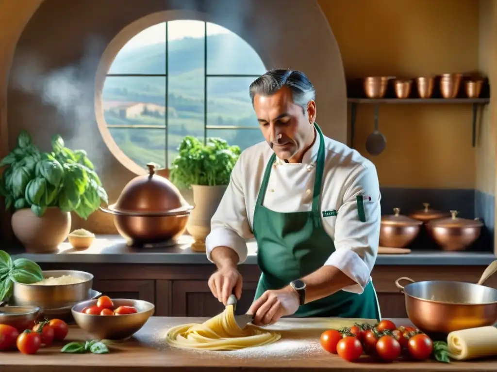 Chef italiano en cocina toscana con ingredientes frescos